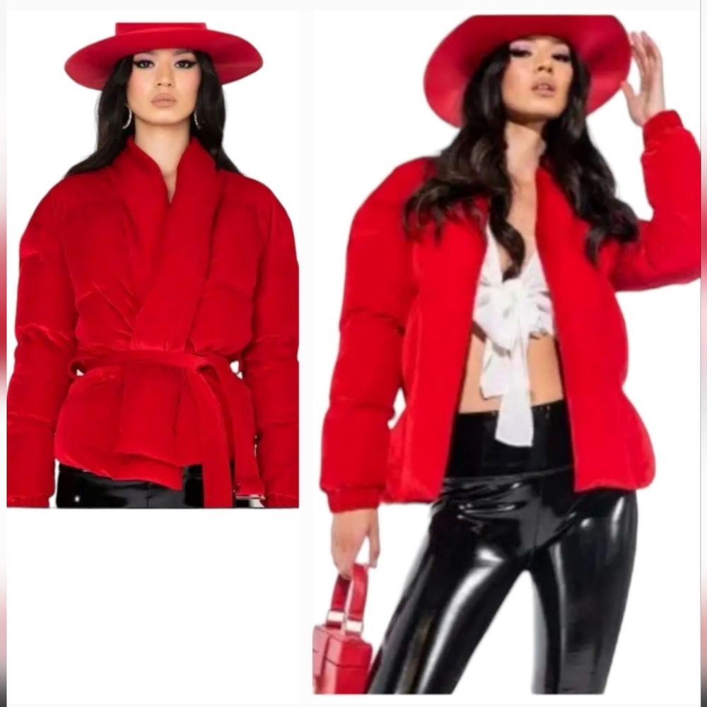 AZALEA WANG Velvet Red Wrap Puffer Jacket size medium. But fits like a s…
